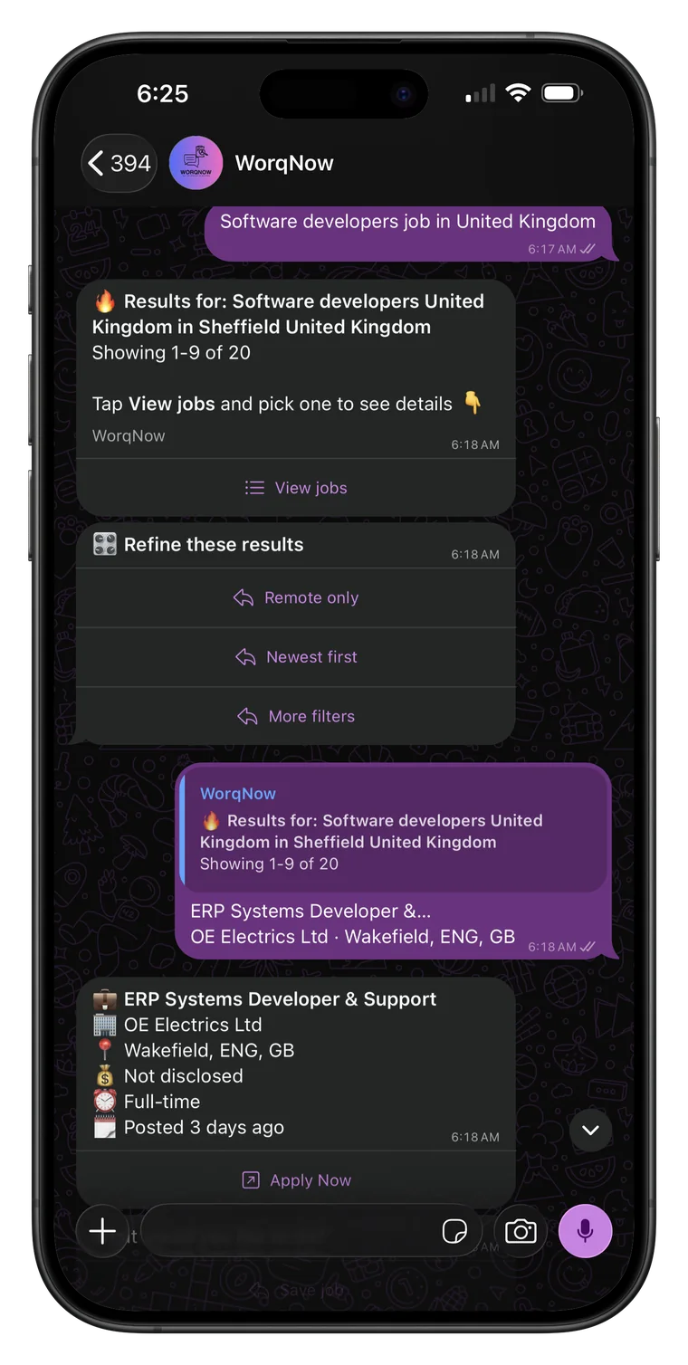 WorqNow on WhatsApp showing job results for a software developer search